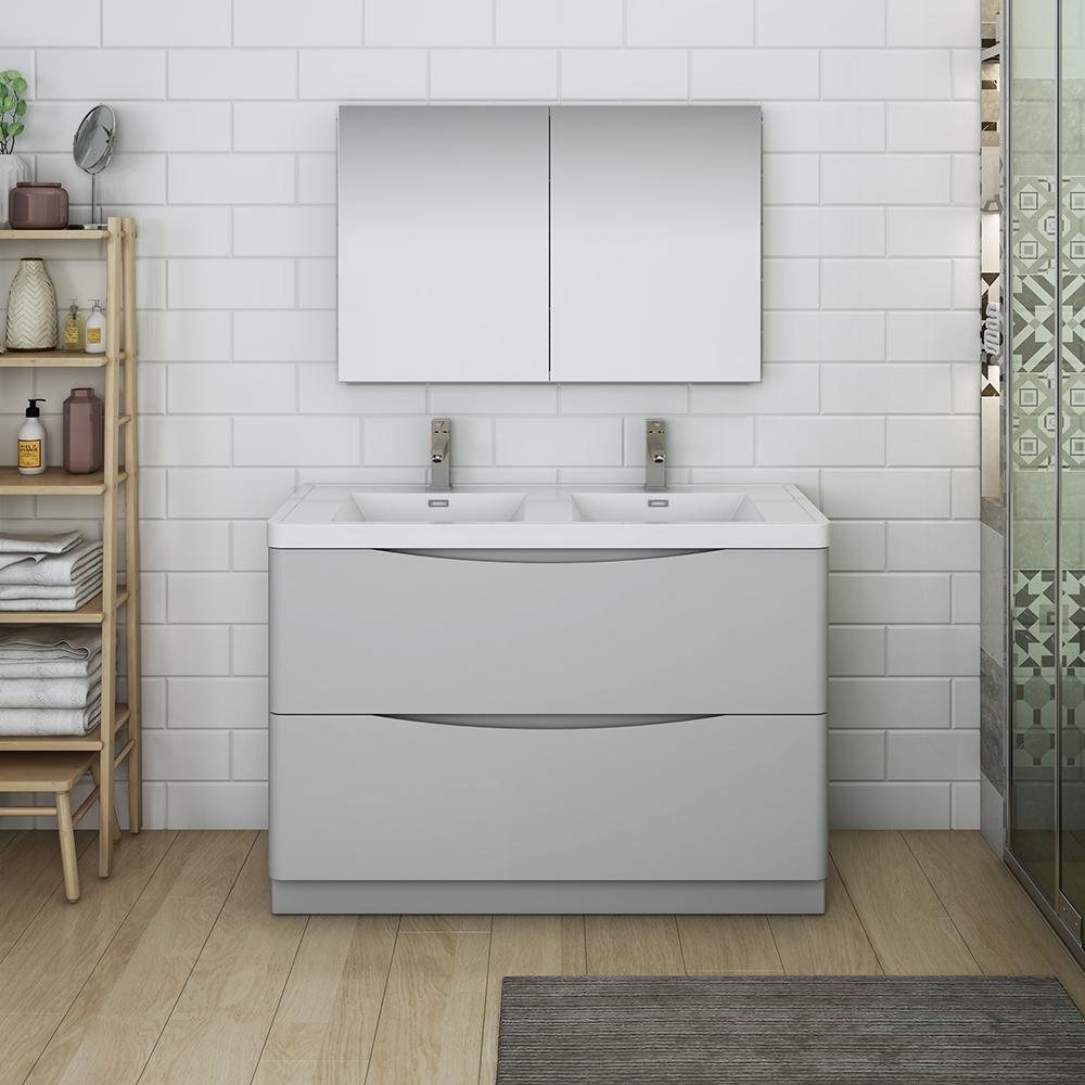 Fresca Tuscany 48" Glossy Gray Free Standing Double Sink Modern Bathroom Vanity w/ Medicine Cabinet