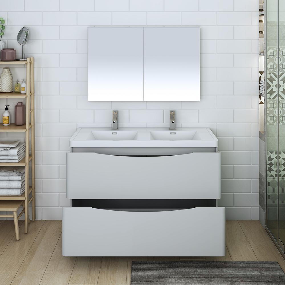 Fresca Tuscany 48" Glossy Gray Free Standing Double Sink Modern Bathroom Vanity w/ Medicine Cabinet