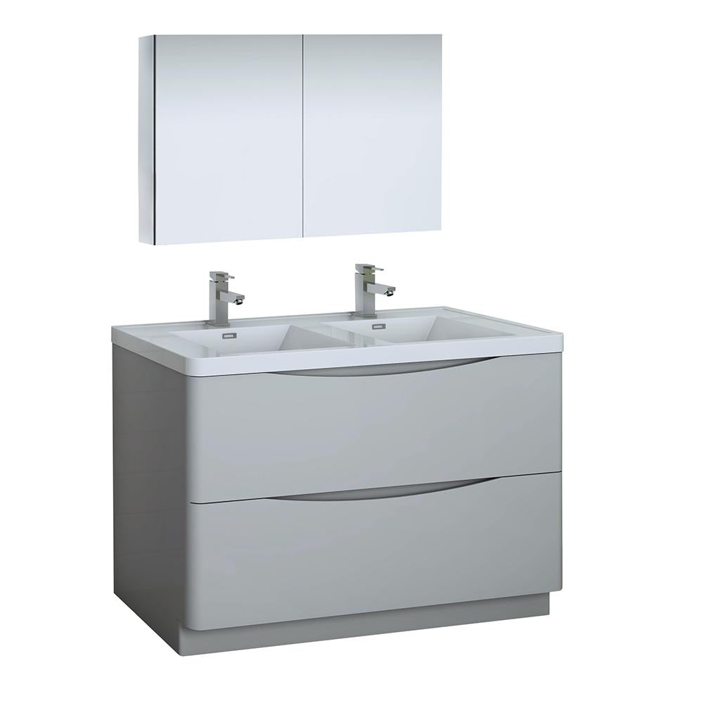 Fresca Tuscany 48" Glossy Gray Free Standing Double Sink Modern Bathroom Vanity w/ Medicine Cabinet