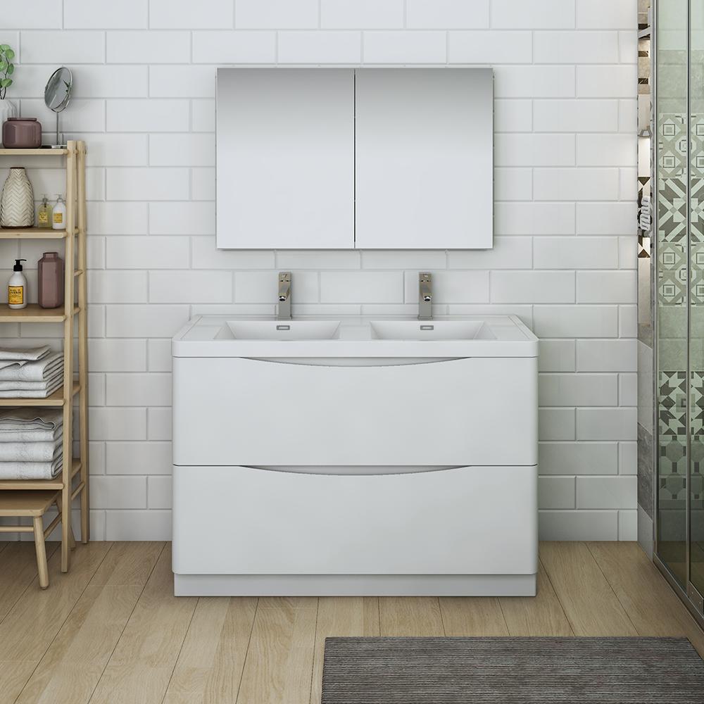 Fresca Tuscany 48" Glossy White Free Standing Double Sink Modern Bathroom Vanity w/ Medicine Cabinet