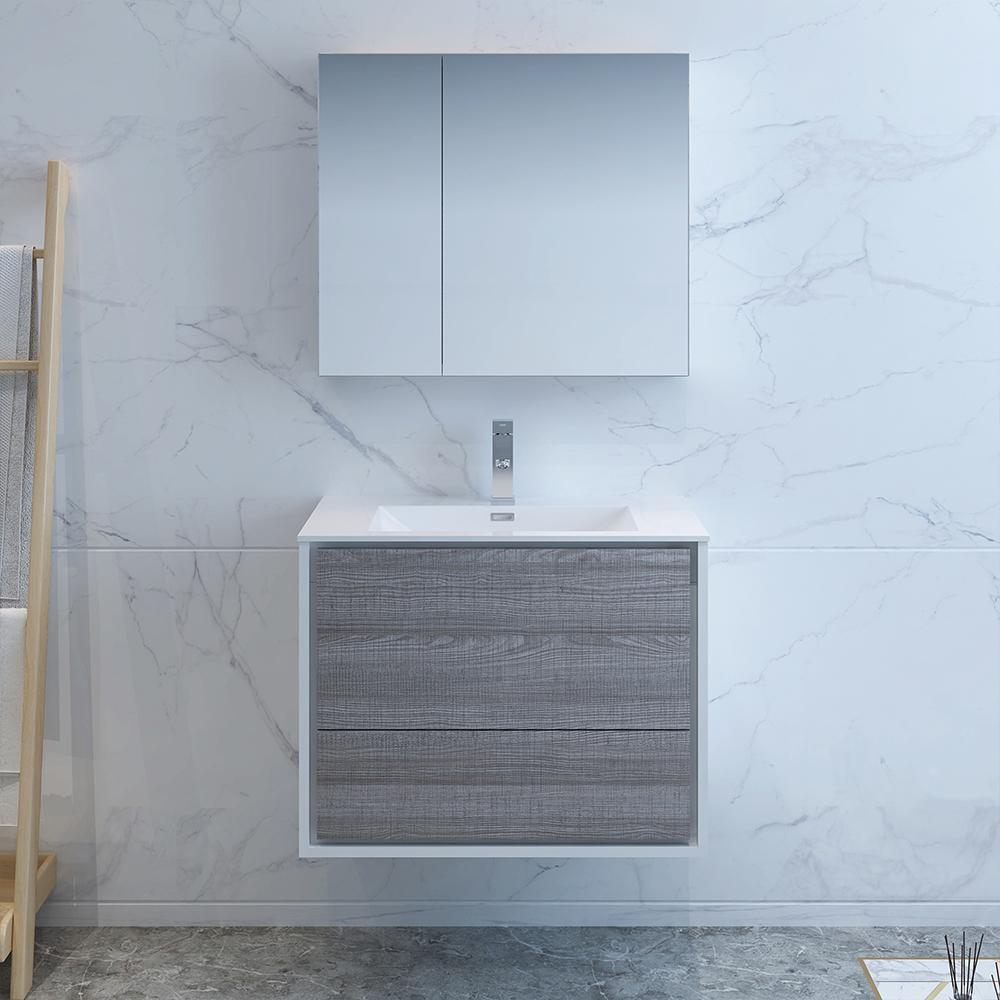 Fresca Catania 30" Glossy Ash Gray Wall Hung Modern Bathroom Vanity w/ Medicine Cabinet