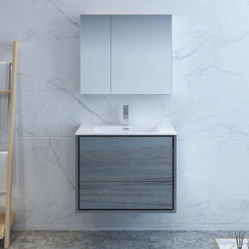 Fresca Catania 30" Ocean Gray Wall Hung Modern Bathroom Vanity w/ Medicine Cabinet