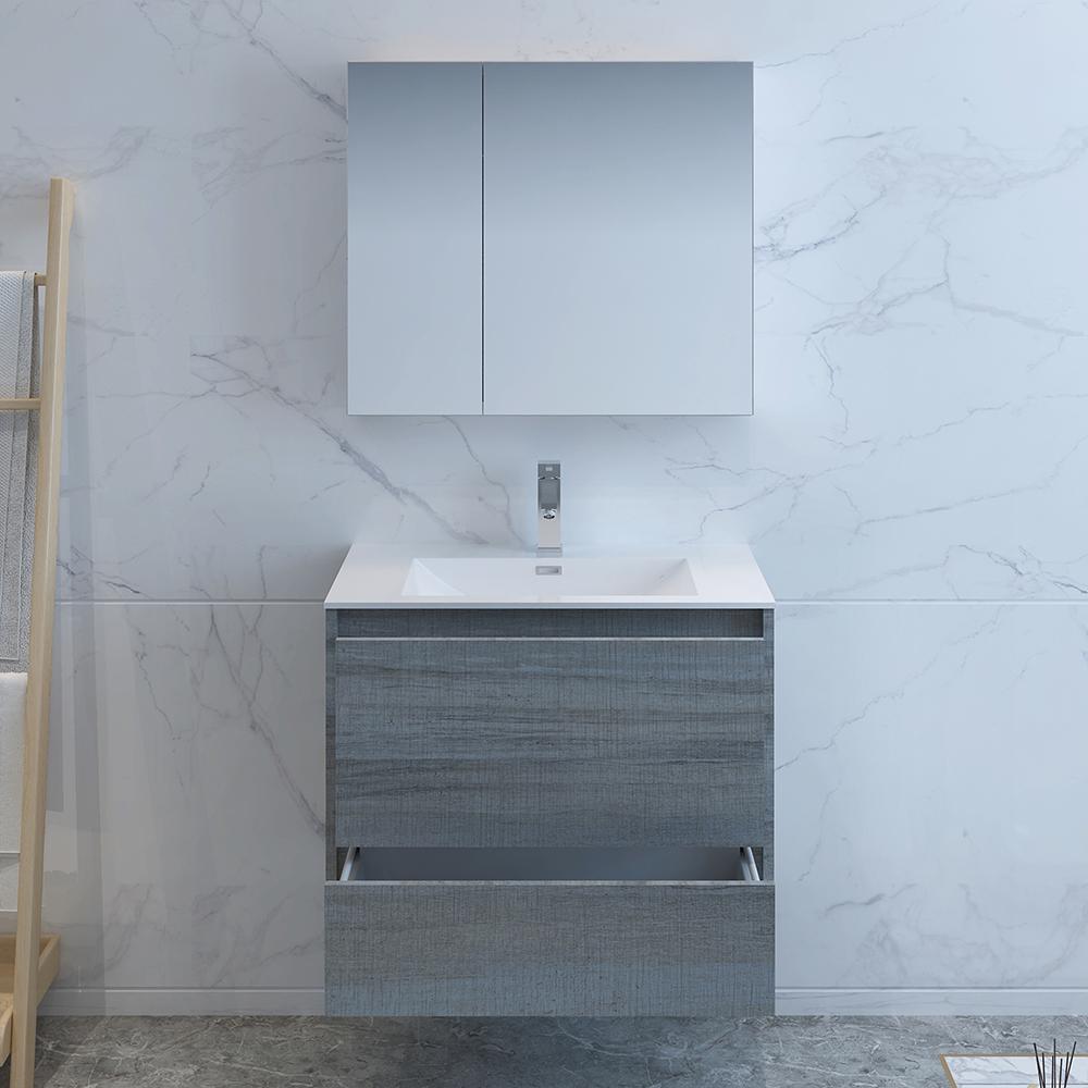 Fresca Catania 30" Ocean Gray Wall Hung Modern Bathroom Vanity w/ Medicine Cabinet