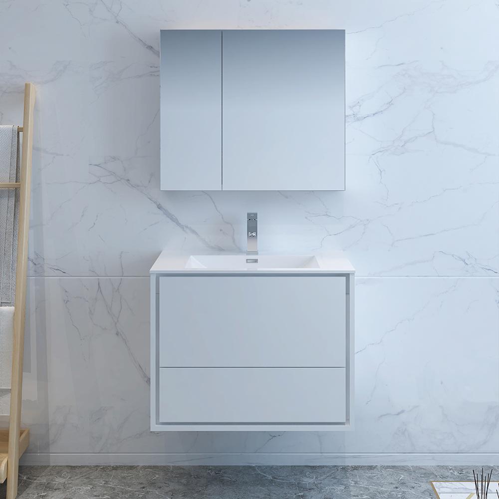 Fresca Catania 30" Glossy White Wall Hung Modern Bathroom Vanity w/ Medicine Cabinet