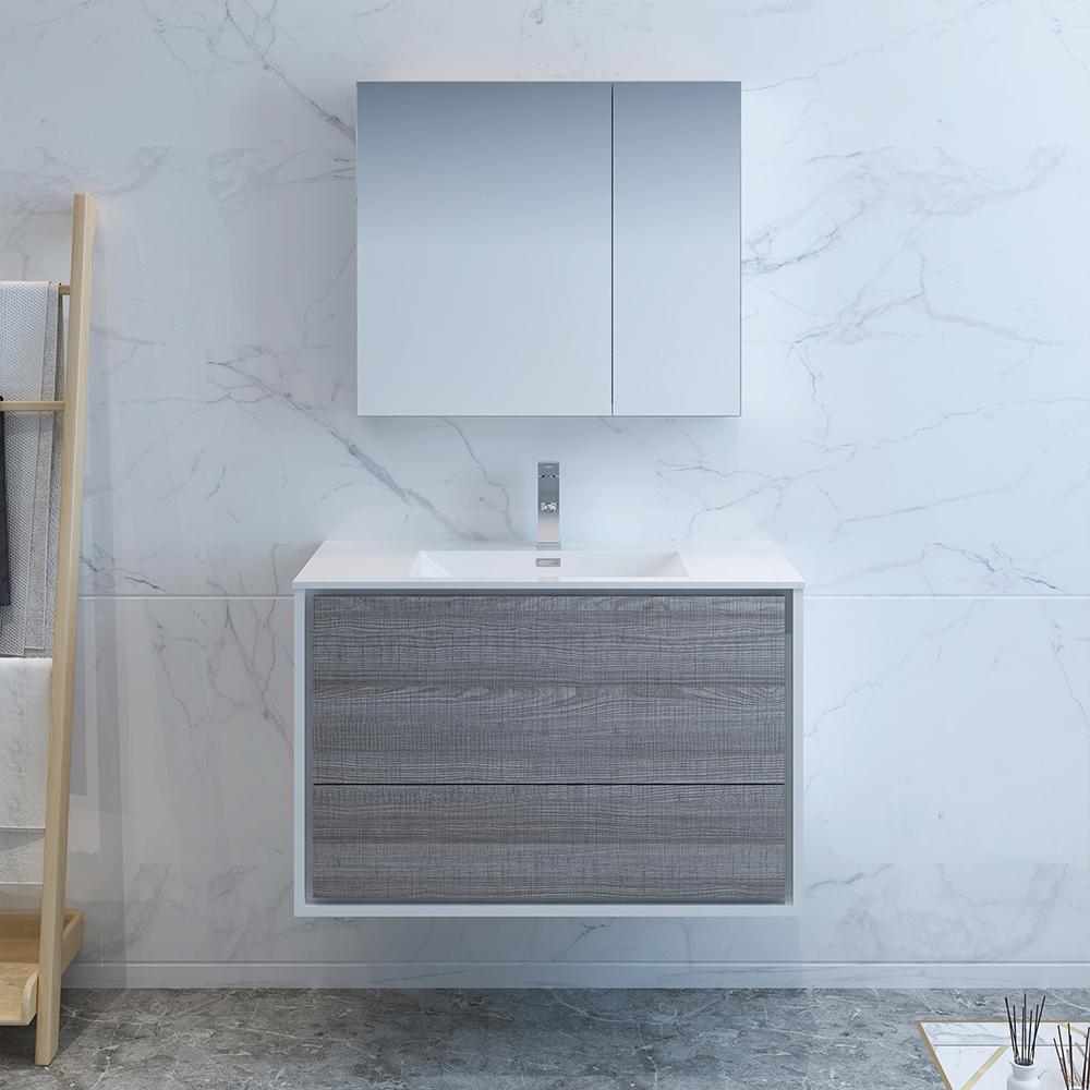 Fresca Catania 36" Glossy Ash Gray Wall Hung Modern Bathroom Vanity w/ Medicine Cabinet