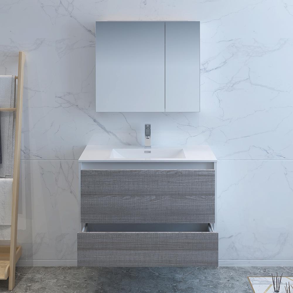 Fresca Catania 36" Glossy Ash Gray Wall Hung Modern Bathroom Vanity w/ Medicine Cabinet