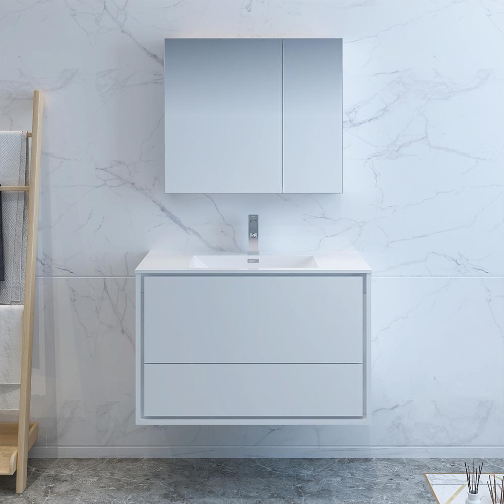 Fresca Catania 36" Glossy White Wall Hung Modern Bathroom Vanity w/ Medicine Cabinet