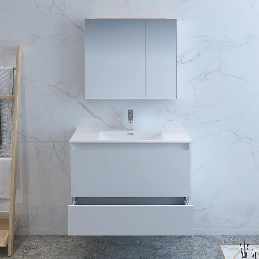 Fresca Catania 36" Glossy White Wall Hung Modern Bathroom Vanity w/ Medicine Cabinet