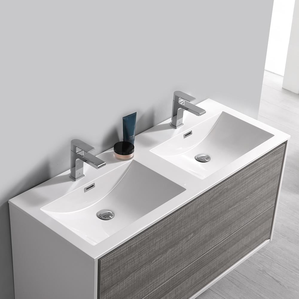 Fresca Catania 48" Glossy Ash Gray Wall Hung Double Sink Modern Bathroom Vanity w/ Medicine Cabinet