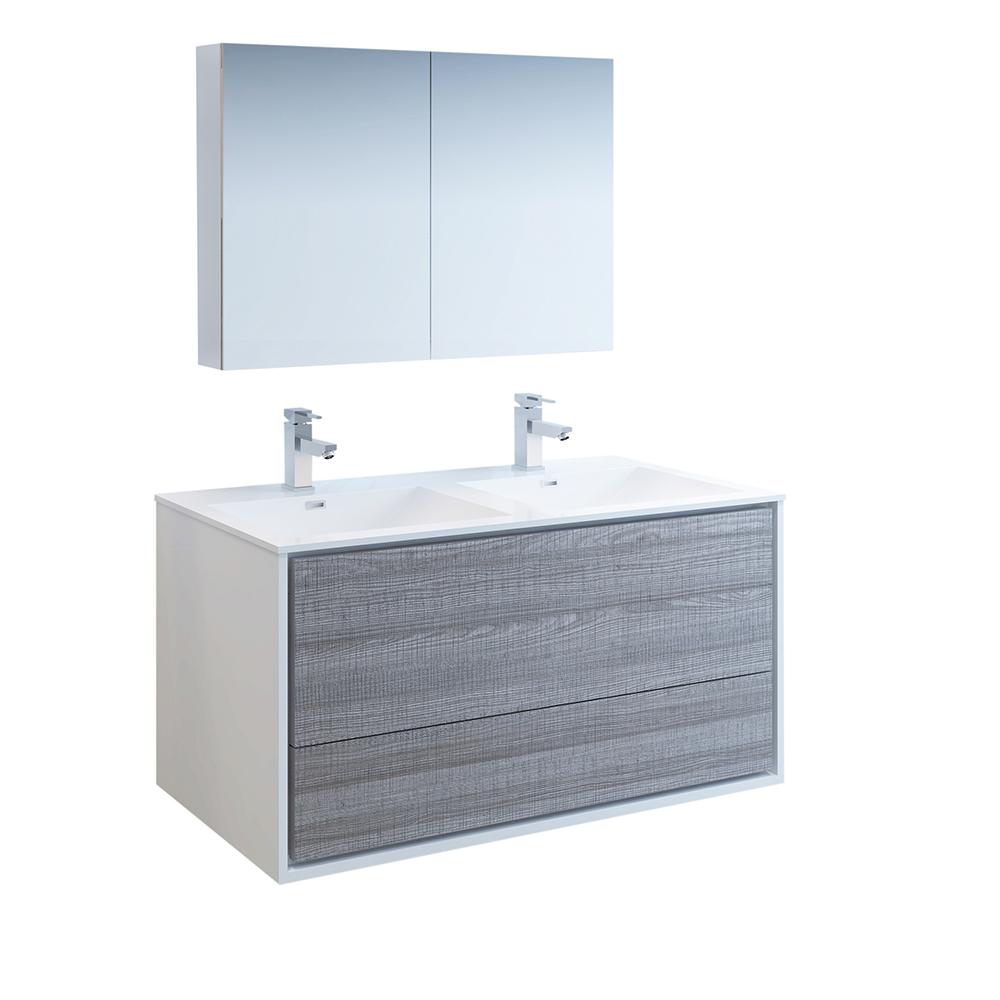 Fresca Catania 48" Glossy Ash Gray Wall Hung Double Sink Modern Bathroom Vanity w/ Medicine Cabinet