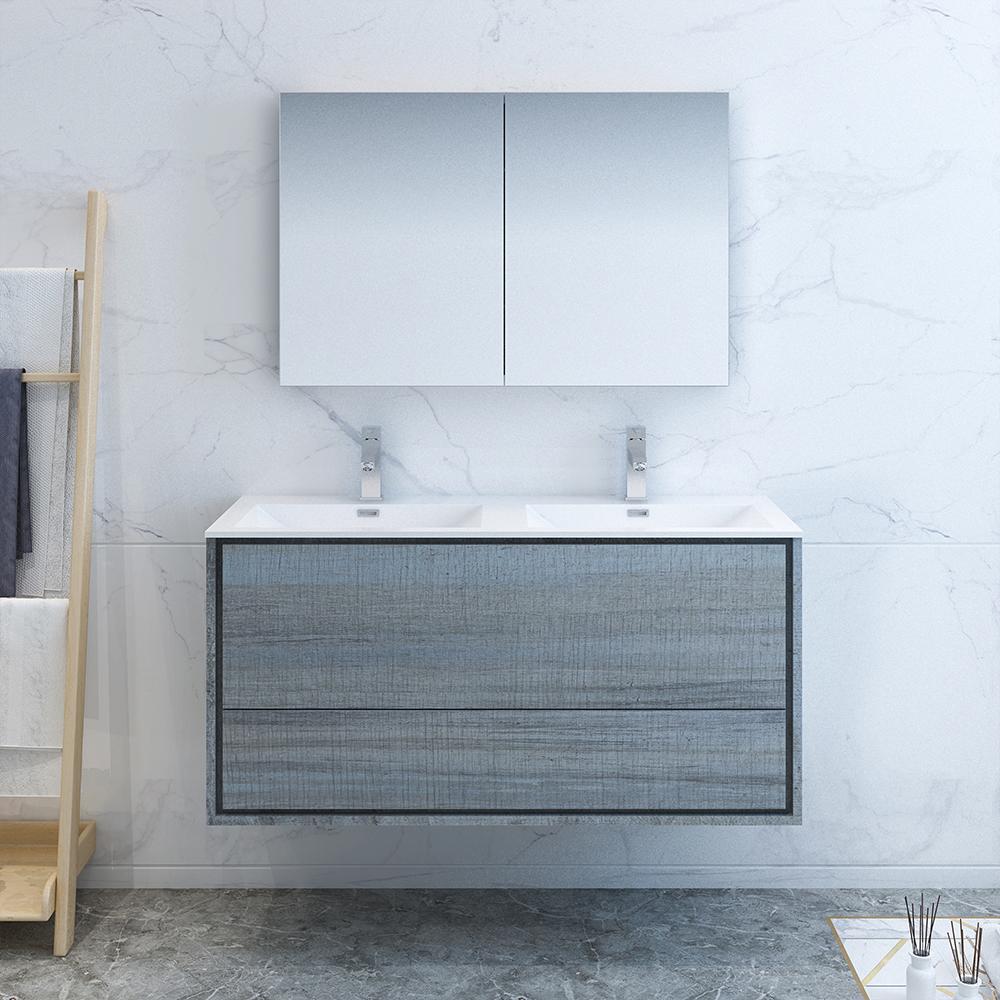 Fresca Catania 48" Ocean Gray Wall Hung Double Sink Modern Bathroom Vanity w/ Medicine Cabinet