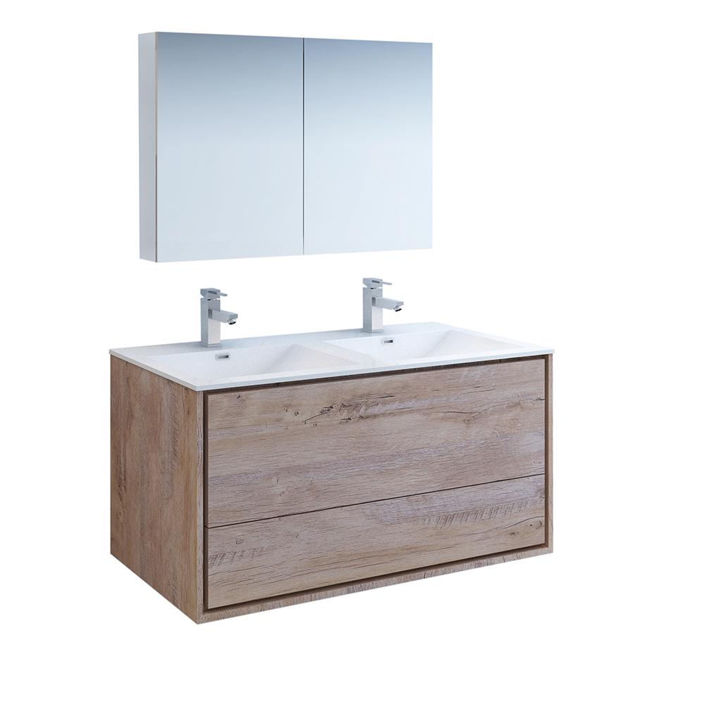 Fresca Catania 48" Rustic Natural Wood Wall Hung Double Sink Modern Bathroom Vanity w/ Medicine Cabinet