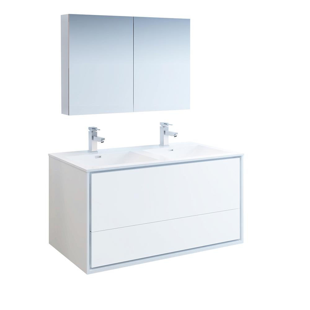 Fresca Catania 48" Glossy White Wall Hung Double Sink Modern Bathroom Vanity w/ Medicine Cabinet