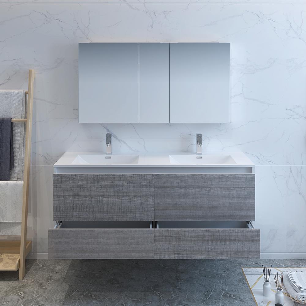 Fresca Catania 60" Glossy Ash Gray Wall Hung Double Sink Modern Bathroom Vanity w/ Medicine Cabinet