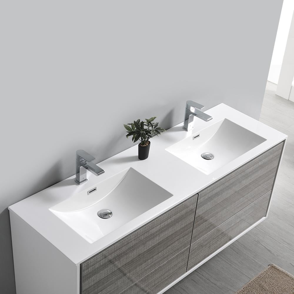 Fresca Catania 60" Glossy Ash Gray Wall Hung Double Sink Modern Bathroom Vanity w/ Medicine Cabinet