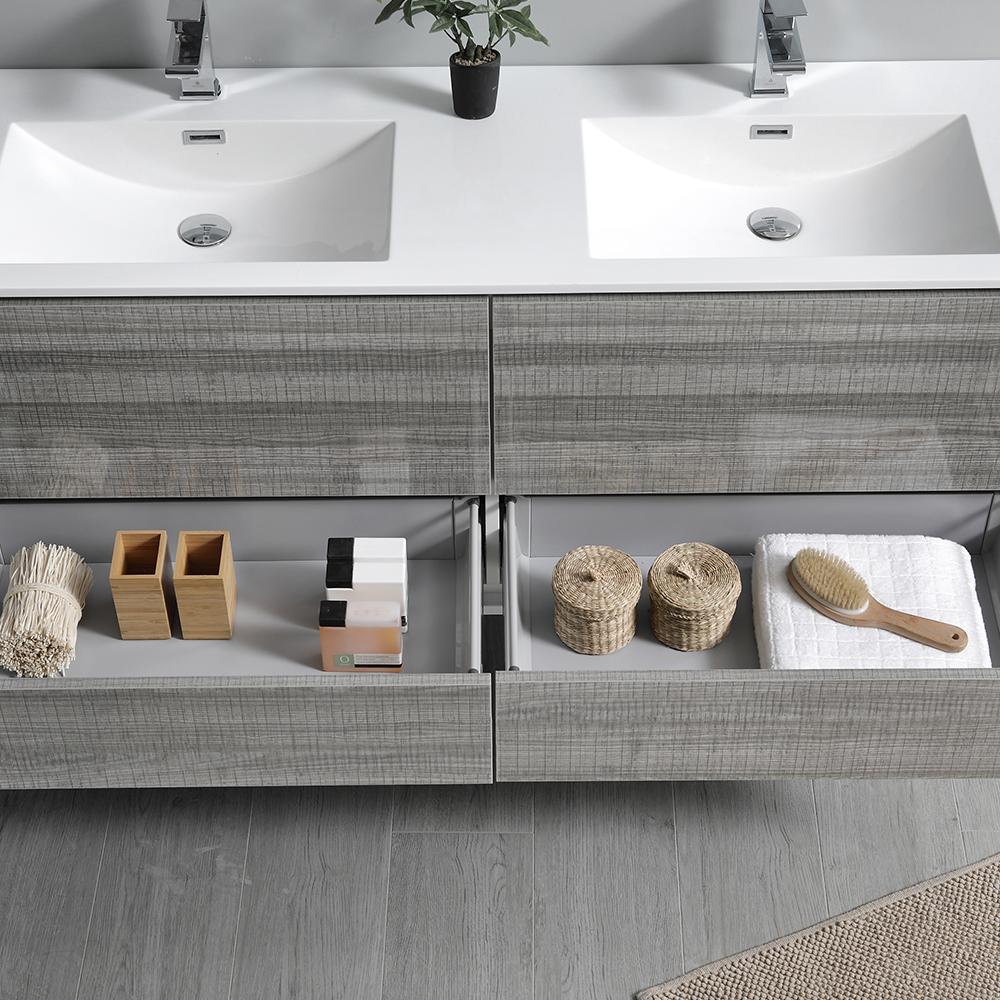 Fresca Catania 60" Glossy Ash Gray Wall Hung Double Sink Modern Bathroom Vanity w/ Medicine Cabinet
