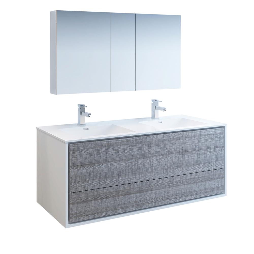 Fresca Catania 60" Glossy Ash Gray Wall Hung Double Sink Modern Bathroom Vanity w/ Medicine Cabinet
