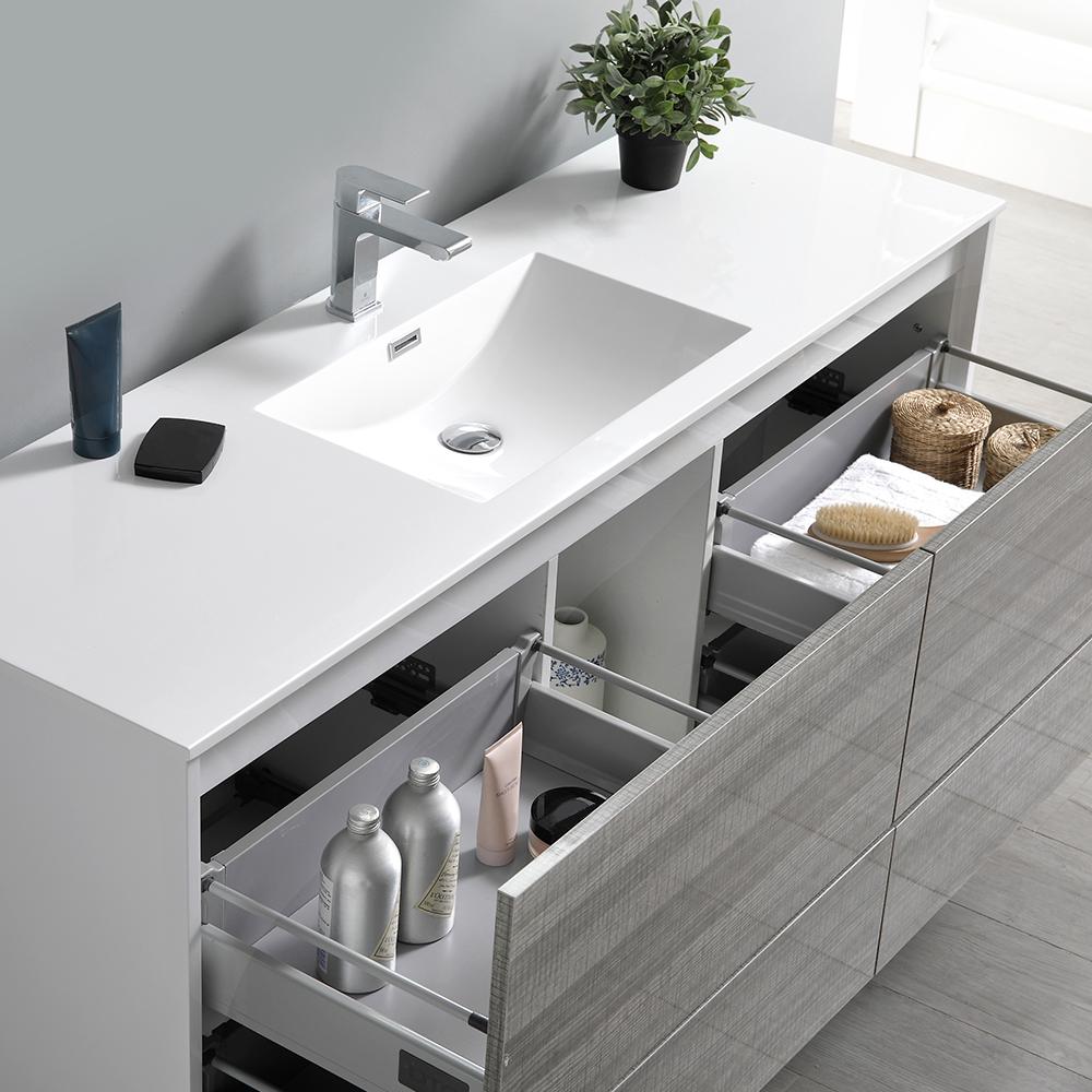 Fresca Catania 60" Glossy Ash Gray Wall Hung Single Sink Modern Bathroom Vanity w/ Medicine Cabinet