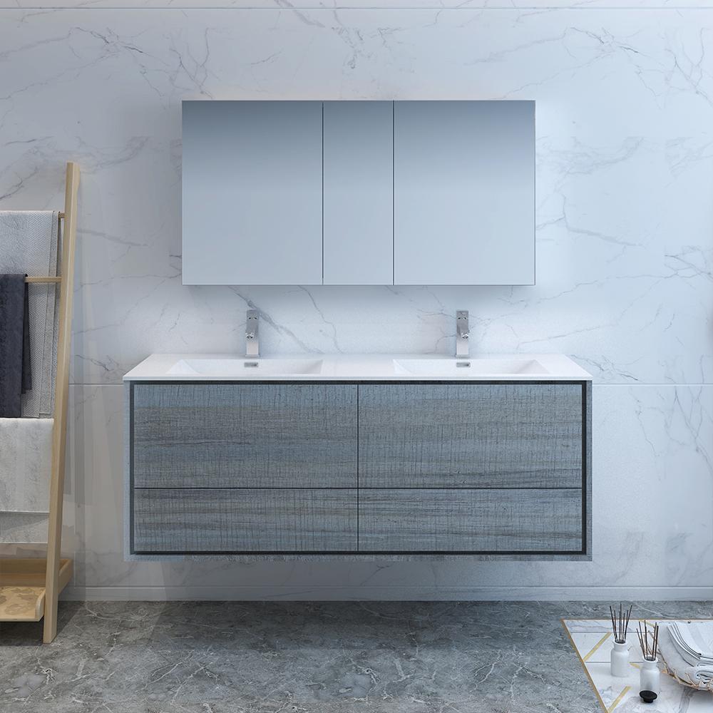 Fresca Catania 60" Ocean Gray Wall Hung Double Sink Modern Bathroom Vanity w/ Medicine Cabinet