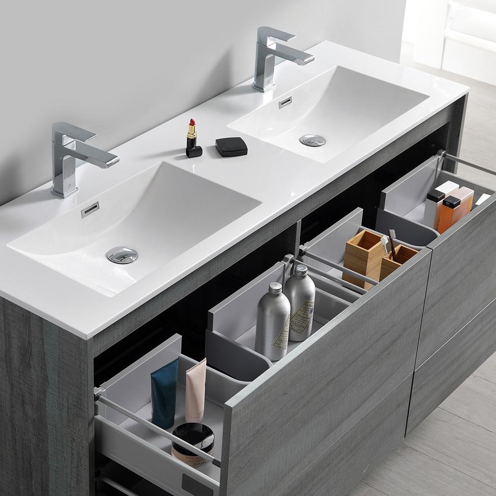 Fresca Catania 60" Ocean Gray Wall Hung Double Sink Modern Bathroom Vanity w/ Medicine Cabinet