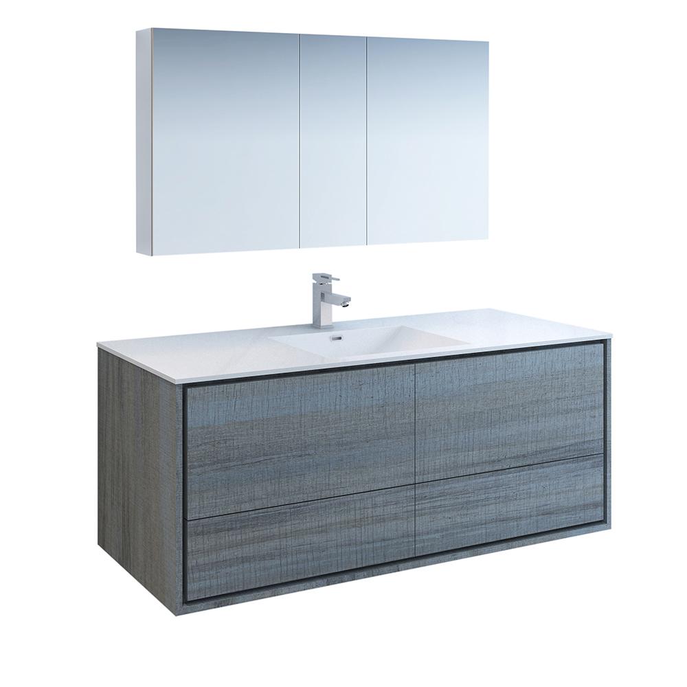 Fresca Catania 60" Ocean Gray Wall Hung Single Sink Modern Bathroom Vanity w/ Medicine Cabinet