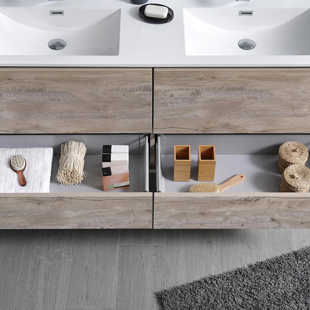 Fresca Catania 60" Rustic Natural Wood Wall Hung Double Sink Modern Bathroom Vanity w/ Medicine Cabinet
