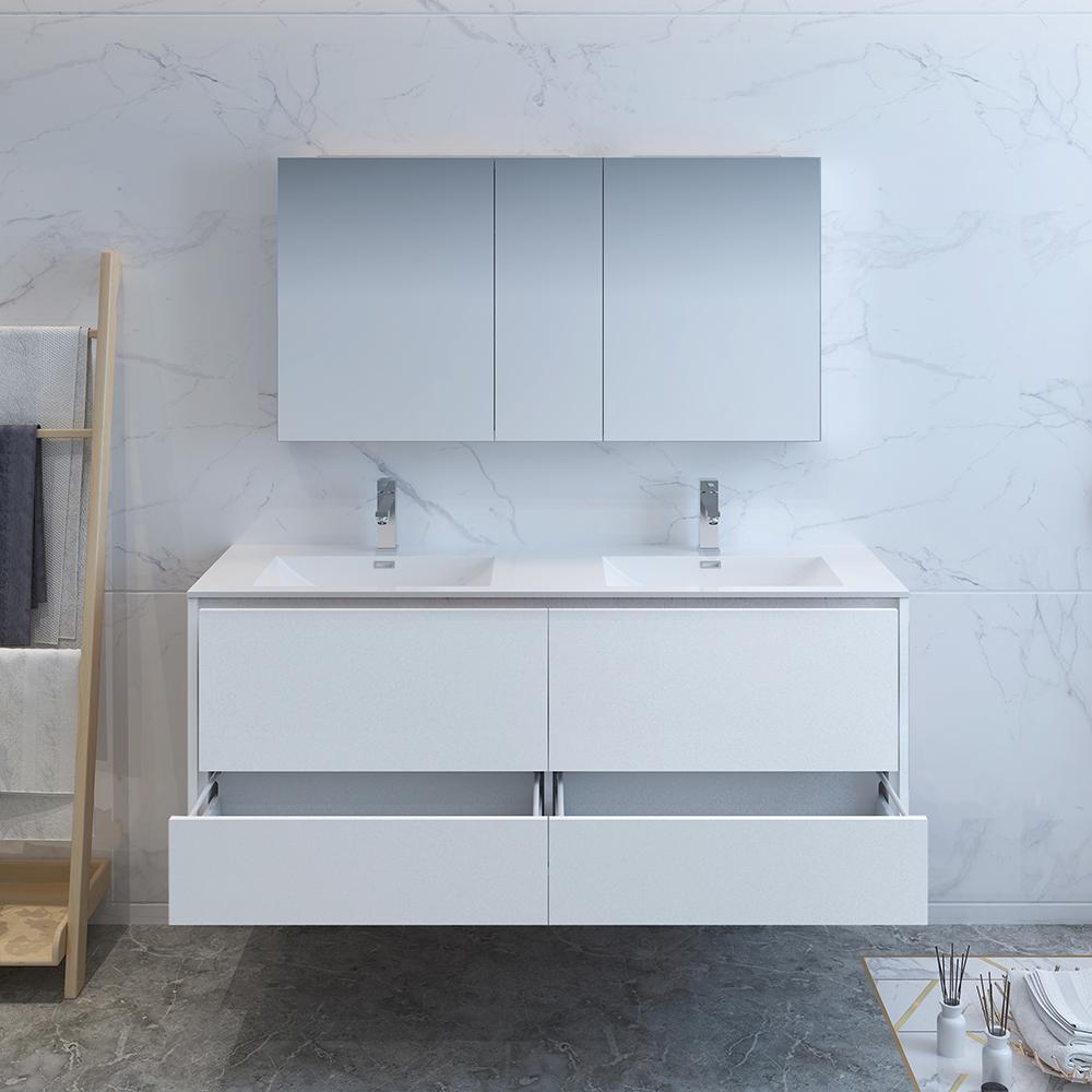 Fresca Catania 60" Glossy White Wall Hung Double Sink Modern Bathroom Vanity w/ Medicine Cabinet