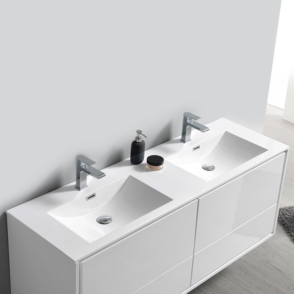 Fresca Catania 60" Glossy White Wall Hung Double Sink Modern Bathroom Vanity w/ Medicine Cabinet