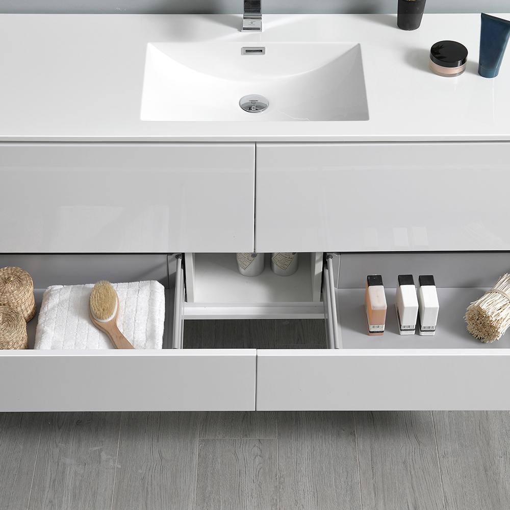 Fresca Catania 60" Glossy White Wall Hung Single Sink Modern Bathroom Vanity w/ Medicine Cabinet