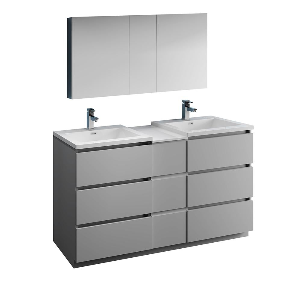 Fresca Lazzaro 60" Gray Free Standing Double Sink Modern Bathroom Vanity w/ Medicine Cabinet