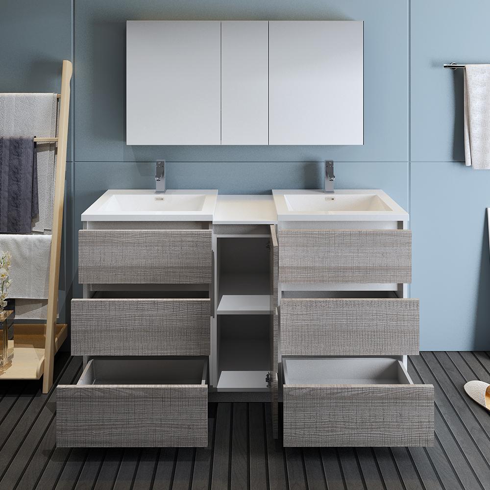 Fresca Lazzaro 60" Glossy Ash Gray Free Standing Double Sink Modern Bathroom Vanity w/ Medicine Cabinet