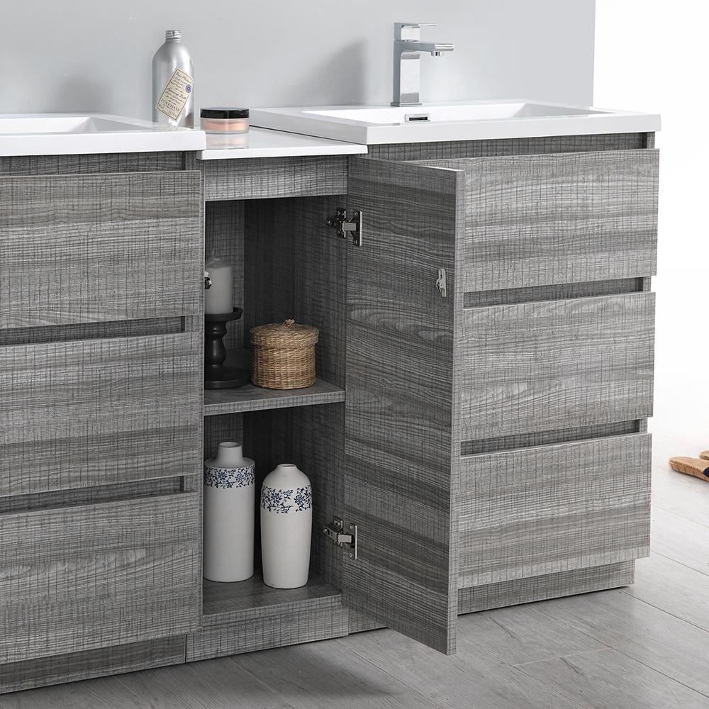 Fresca Lazzaro 60" Glossy Ash Gray Free Standing Double Sink Modern Bathroom Vanity w/ Medicine Cabinet