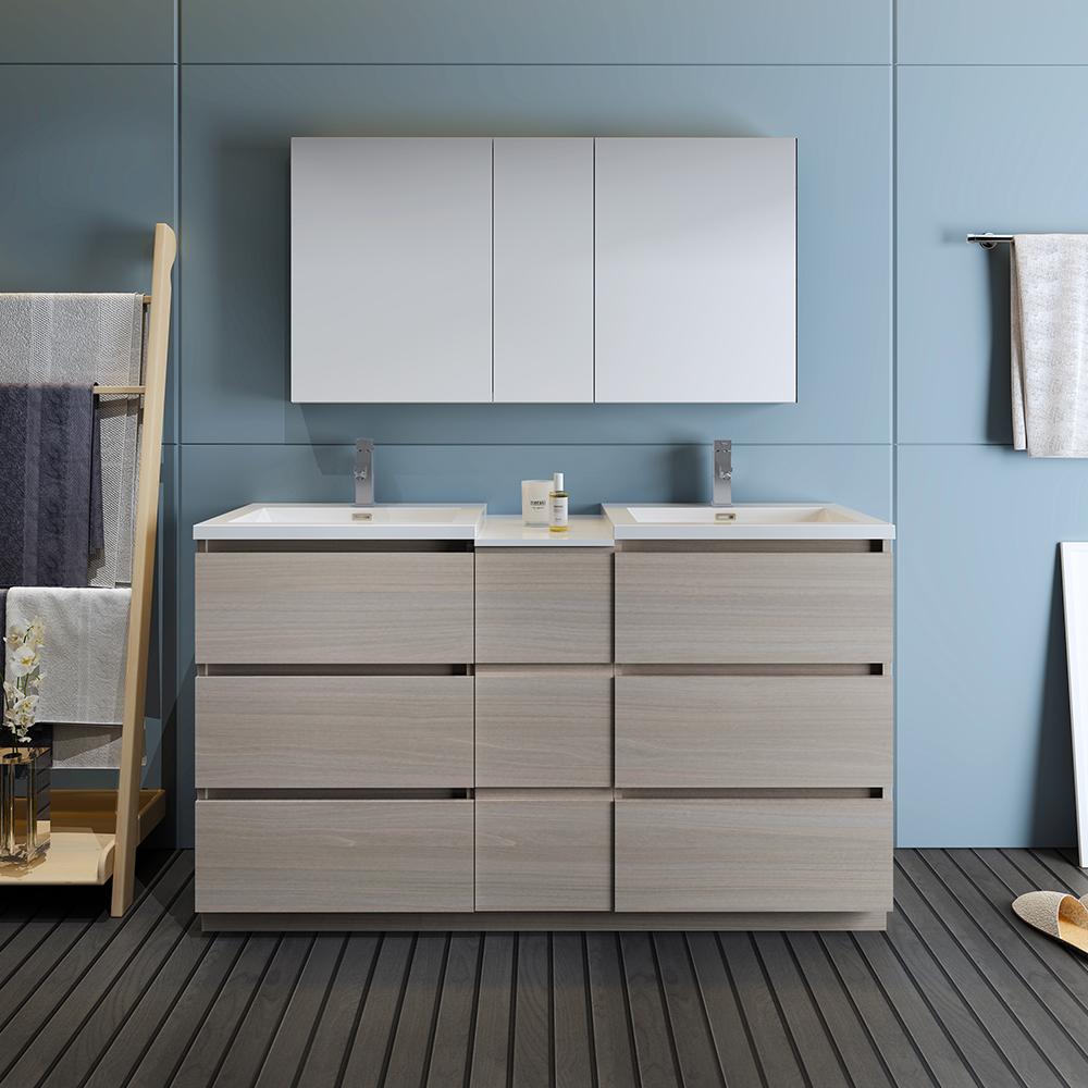 Fresca Lazzaro 60" Gray Wood Free Standing Double Sink Modern Bathroom Vanity w/ Medicine Cabinet