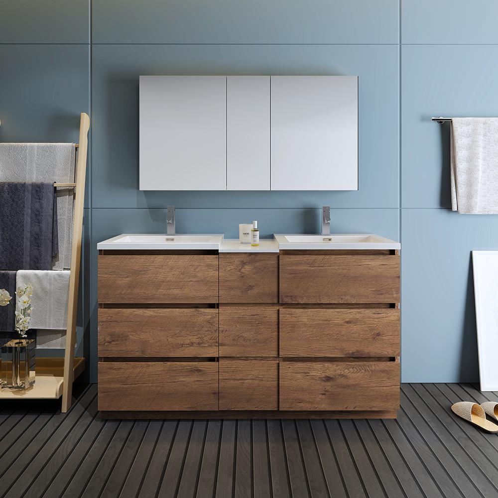 Fresca Lazzaro 60" Rosewood Free Standing Double Sink Modern Bathroom Vanity w/ Medicine Cabinet