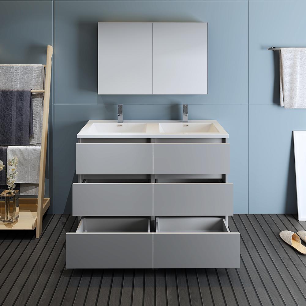 Fresca Lazzaro 48" Gray Free Standing Double Sink Modern Bathroom Vanity w/ Medicine Cabinet