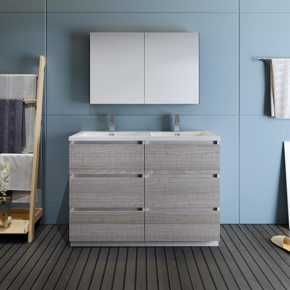 Fresca Lazzaro 48" Glossy Ash Gray Free Standing Double Sink Modern Bathroom Vanity w/ Medicine Cabinet