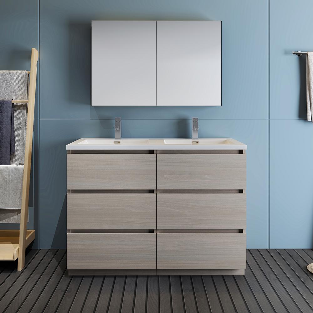 Fresca Lazzaro 48" Gray Wood Free Standing Double Sink Modern Bathroom Vanity w/ Medicine Cabinet