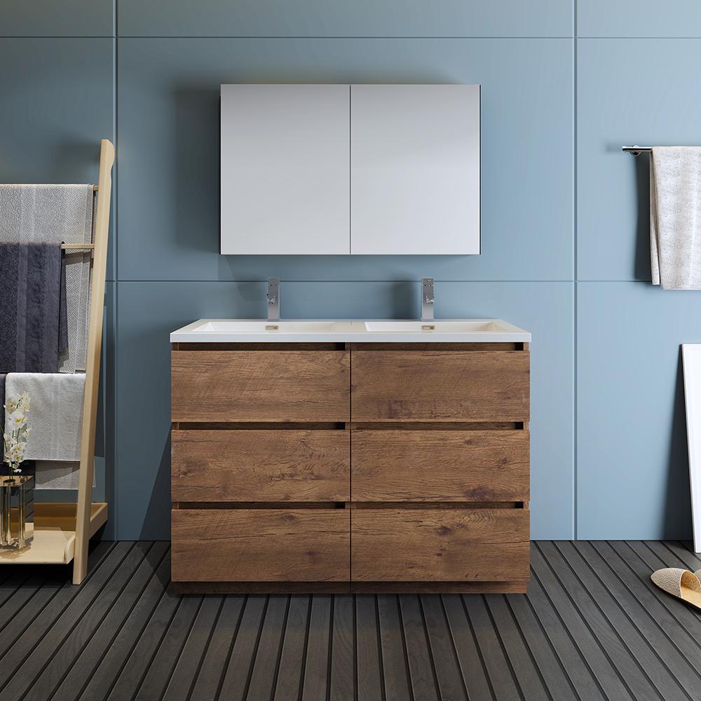 Fresca Lazzaro 48" Rosewood Free Standing Double Sink Modern Bathroom Vanity w/ Medicine Cabinet