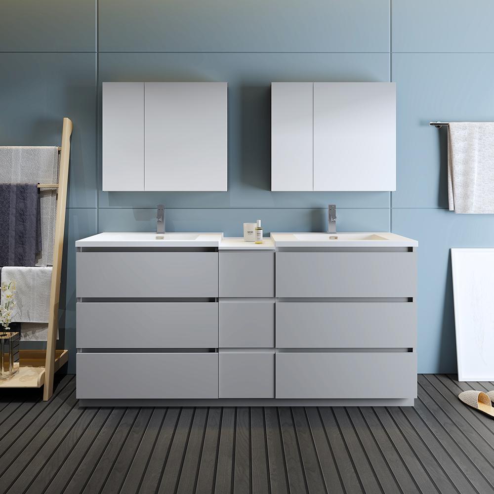 Fresca Lazzaro 72" Gray Free Standing Double Sink Modern Bathroom Vanity w/ Medicine Cabinet