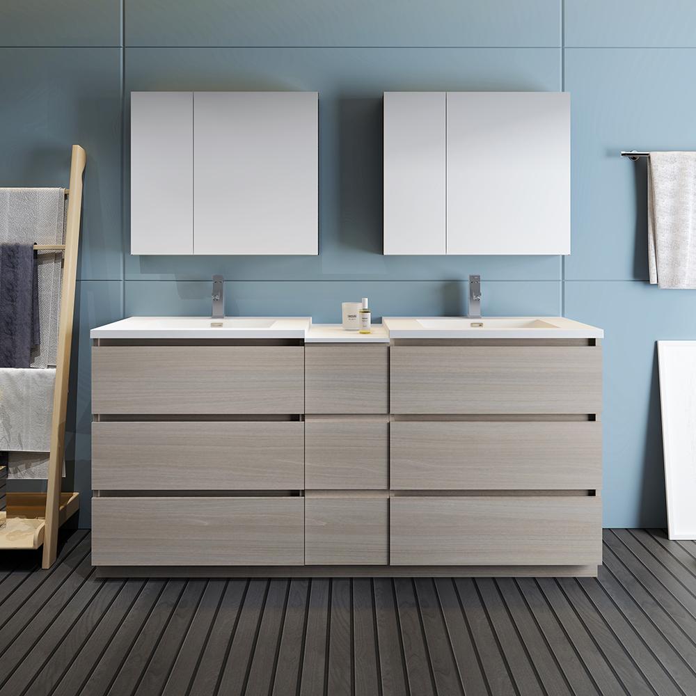 Fresca Lazzaro 72" Gray Wood Free Standing Double Sink Modern Bathroom Vanity w/ Medicine Cabinet