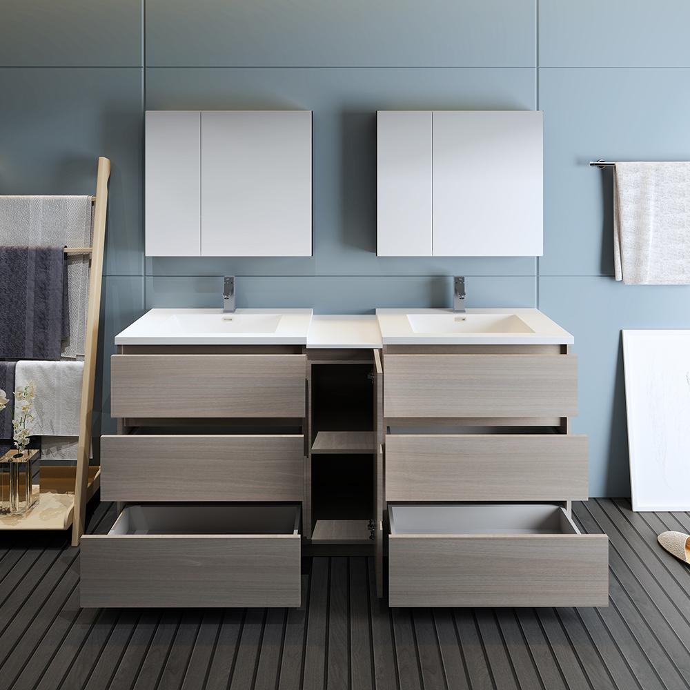 Fresca Lazzaro 72" Gray Wood Free Standing Double Sink Modern Bathroom Vanity w/ Medicine Cabinet