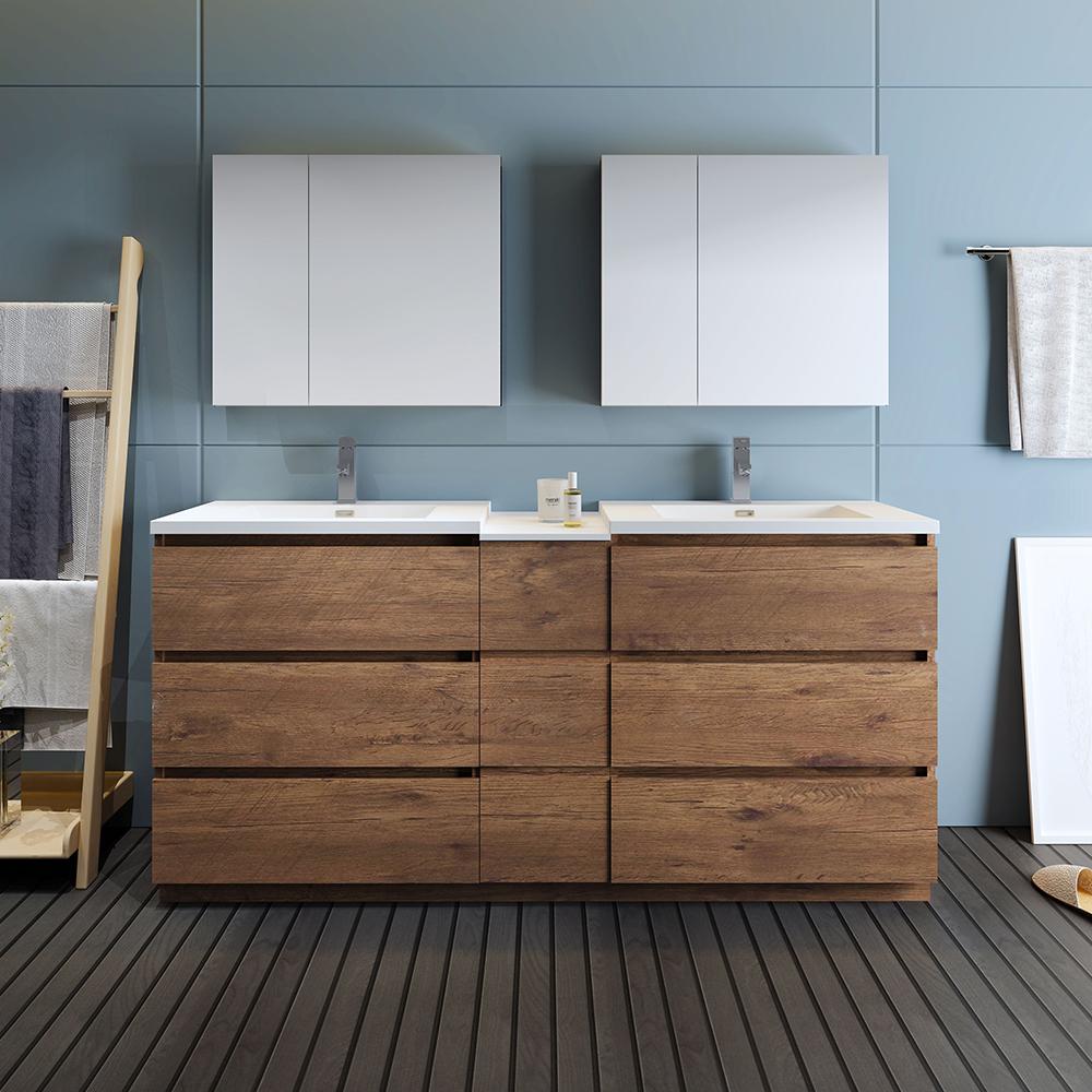 Fresca Lazzaro 72" Rosewood Free Standing Double Sink Modern Bathroom Vanity w/ Medicine Cabinet