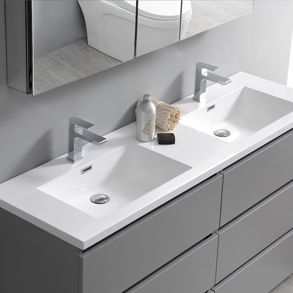 Fresca Lazzaro 60" Gray Free Standing Double Sink Modern Bathroom Vanity w/ Medicine Cabinet
