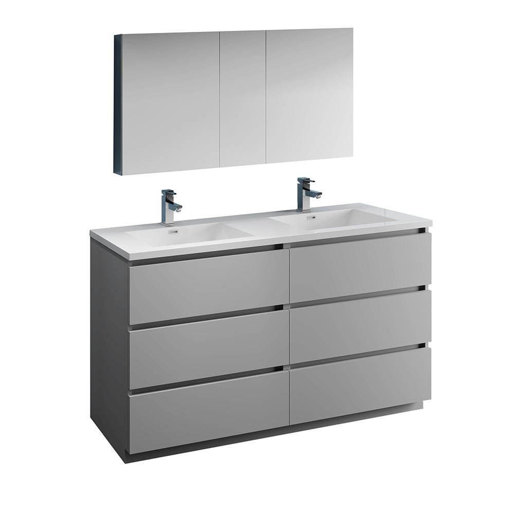 Fresca Lazzaro 60" Gray Free Standing Double Sink Modern Bathroom Vanity w/ Medicine Cabinet