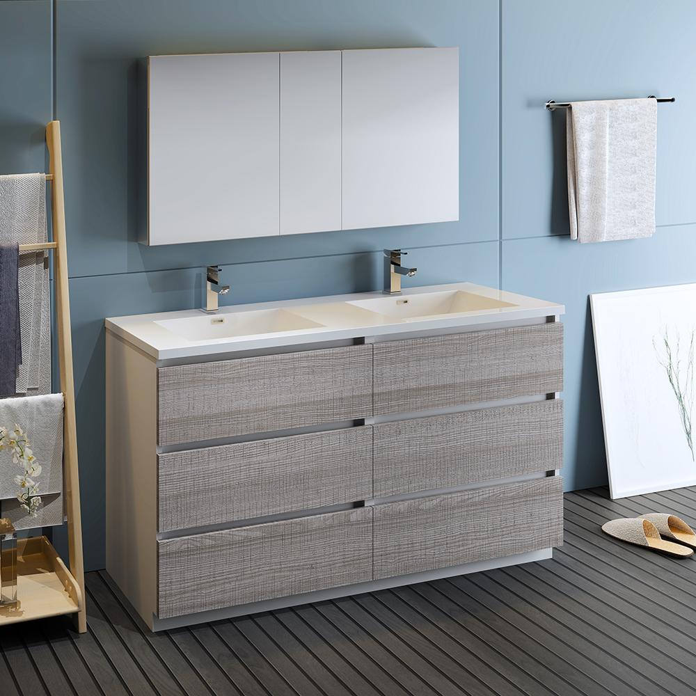 Fresca-Lazzaro-60"-Glossy-Ash-Gray-Free-Standing-Double-Sink-Modern-Bathroom-Vanity-w/-Medicine-Cabinet-(FVN93-3030HA-D)