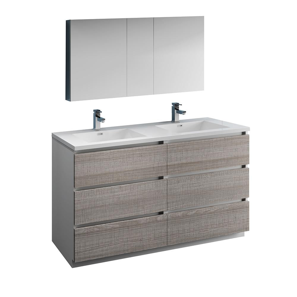 Fresca Lazzaro 60" Glossy Ash Gray Free Standing Double Sink Modern Bathroom Vanity w/ Medicine Cabinet
