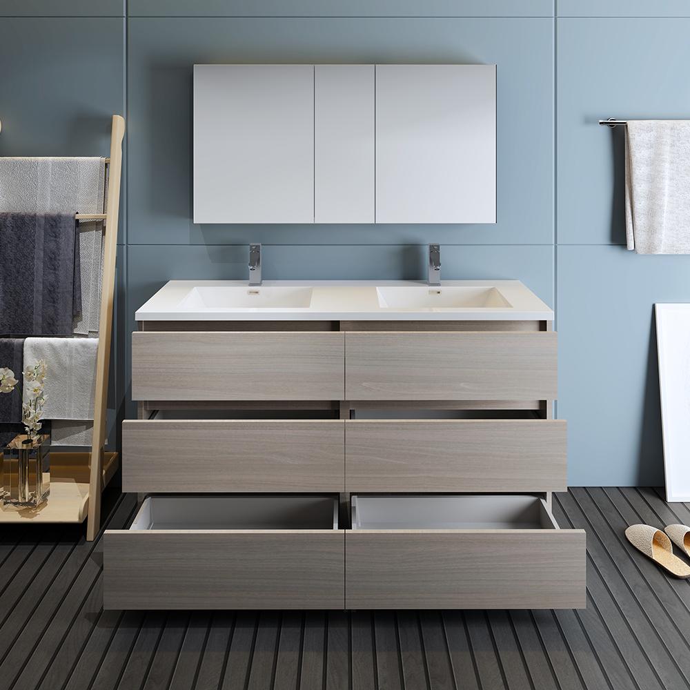 Fresca Lazzaro 60" Gray Wood Free Standing Double Sink Modern Bathroom Vanity w/ Medicine Cabinet