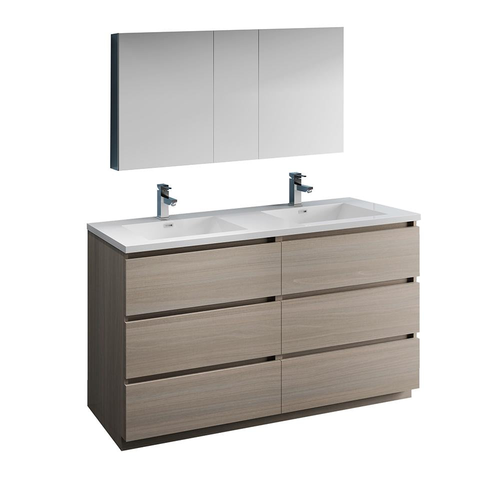Fresca Lazzaro 60" Gray Wood Free Standing Double Sink Modern Bathroom Vanity w/ Medicine Cabinet