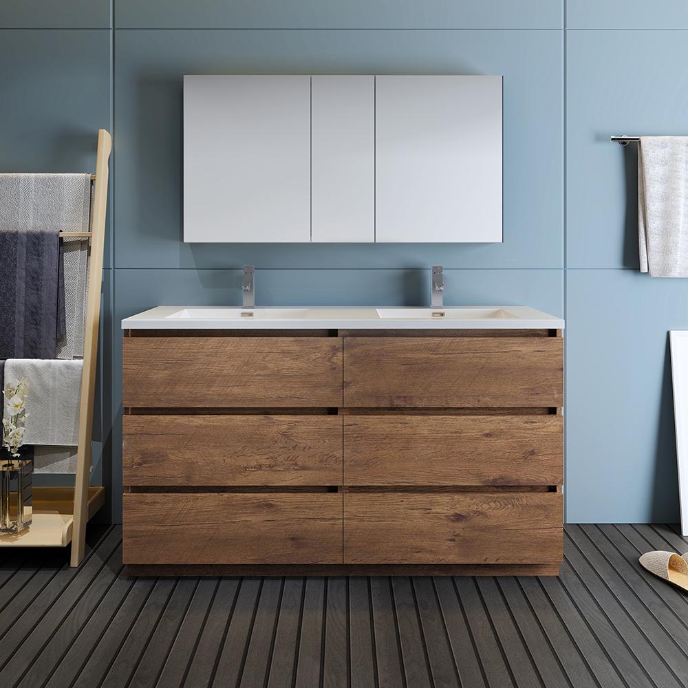 Fresca Lazzaro 60" Rosewood Free Standing Double Sink Modern Bathroom Vanity w/ Medicine Cabinet