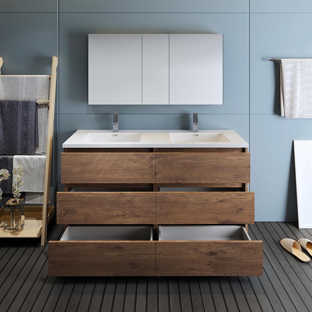 Fresca Lazzaro 60" Rosewood Free Standing Double Sink Modern Bathroom Vanity w/ Medicine Cabinet